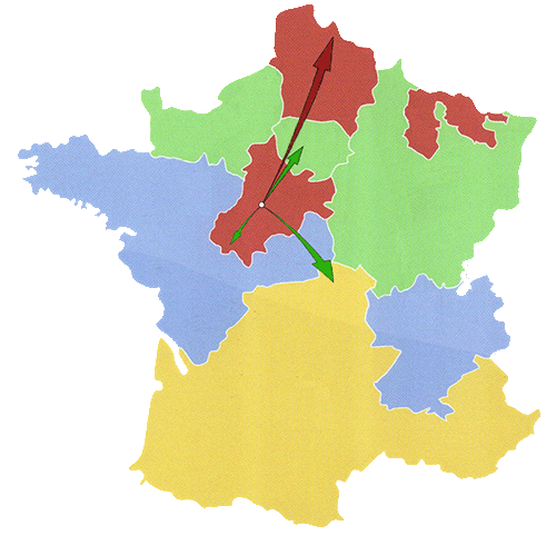carte de la France montrant les départs depuis Trans Ghestem 45 avec des flèches partant du Centre et allant vers le Nord-Pas-de-Calais, la Région Parisienne, l'Auvergne et le Centre