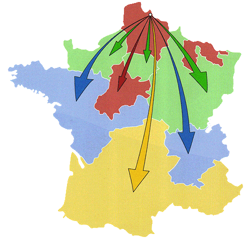 carte de la France montrant les départs depuis Trans Ghestem avec des flèches partant du Nord et allant vers la Normandie, la Région Parisienne, le grand Est, le Centre, le pays de la Loire, le Rhone-Alpes et le Midi-Pyrénéés